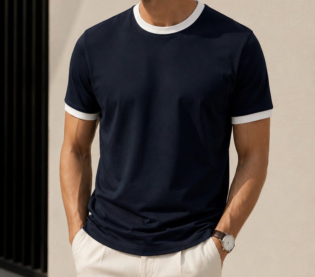 Premium Contrast Trim T-Shirt – Navy & White